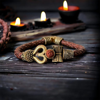 Rustic Om Rudraksha Leather Bracelet For Men